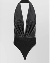ANDAMANE - Leather-Effect Pleated V-Neck Bodysuit - Lyst