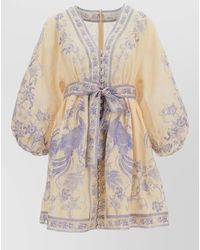 Zimmermann - Linen Floral-Print V-Neck Long-Sleeve Mini Dress - Lyst