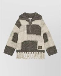Ganni - Knit Sweater Fringe Hem Long Sleeves Patchwork - Lyst