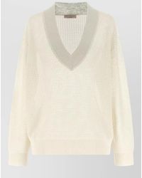 Brunello Cucinelli - Mesh Knit V Neck Long Sleeve Sweater - Lyst