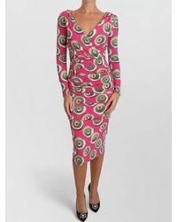 Dolce & Gabbana - Silk Printed V-Neck Long-Sleeve Midi Dress - Lyst