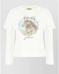 Ganni - Cotton Blend Crew Neck Graphic T Shirt - Lyst
