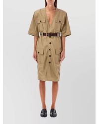 Saint Laurent - Cotton Belted V-Neck Short-Sleeve Midi Dress - Lyst