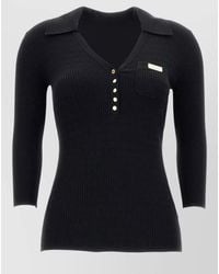 Elisabetta Franchi - Silk V-Neck Ribbed-Knit Long-Sleeve Polo Shirt - Lyst