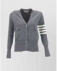 Thom Browne - V Neck Cardigan With Patch Pocket And Striped Sleeve - Lyst