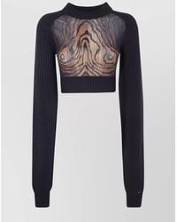 Jean Paul Gaultier - Wool Ribbed Long-Sleeve Cropped Sweater With Printed Mesh Cutout Details - Lyst
