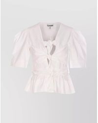 Ganni - Cotton V-Neck Puff-Sleeve Tie-Front Blouse - Lyst