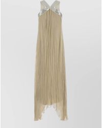 Alberta Ferretti - Silk Halter Neck Long Dress Metallic Pleated - Lyst