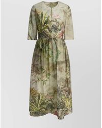Elie Saab - Linen And Silk Midi Dress With Tropical Print - Lyst