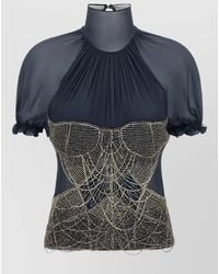 The Attico - Silk Beaded High Neck Short Sleeve Blouse - Lyst