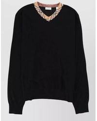 Burberry - Wool Check Trim V-Neck Sweater - Lyst