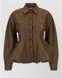 Ganni - Checked Crinkled Peplum Shirt - Lyst