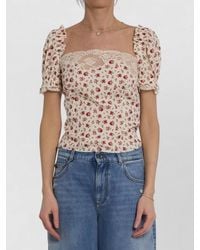 Dolce & Gabbana - Silk Floral-Print Lace-Trim Short-Sleeve Blouse - Lyst