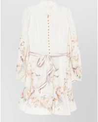 Zimmermann - Linen Floral-Print High-Neck Long-Sleeve Mini Dress - Lyst
