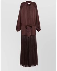 forte_forte - Silk Sheer Panel High Neck Long Sleeve Belted Long Dress - Lyst