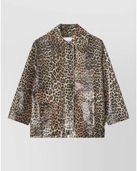 Ganni - Leopard Print Cotton Blend Long Jacket - Lyst