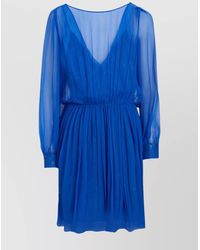 Alberta Ferretti - Lace Detailed Pleated Sheer V-Neck Dress - Lyst