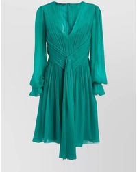 Alberta Ferretti - Silk Chiffon Gathered Deep V-Neck Long-Sleeve Mini Dress - Lyst