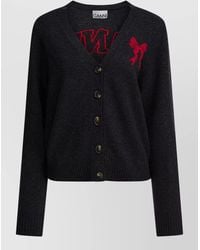 Ganni - Wool-Blend Ribbed V-Neck Jacquard Cardigan - Lyst