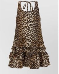 Ganni - Organic Cotton Leopard Ruffled Square Neck Mini Dress - Lyst