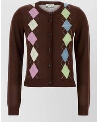 Ganni - Cotton Cardigan Argyle Pattern Ribbed Cuffs Hem - Lyst