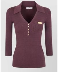 Elisabetta Franchi - Silk Blend Ribbed V-Neck Long-Sleeve Polo Shirt - Lyst