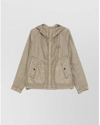 C.P. Company - Linen Jacket With Buttoned Hood And Drawstring - Lyst