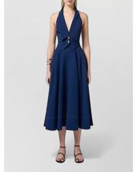 Elisabetta Franchi - High Waist Flared Midi Dress Halter Buttons - Lyst