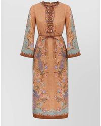 Zimmermann - Linen Floral Polka-Dot Lace-Up Belted Midi Dress - Lyst