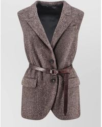 Brunello Cucinelli - Virgin Wool Herringbone Belted Sleeveless Single Breasted Coat - Lyst