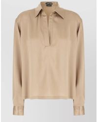 Tom Ford - Silk Satin Long-Sleeve Polo Blouse - Lyst