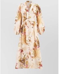 Zimmermann - Linen Floral-Print V-Neck Long-Sleeve Midi Dress - Lyst