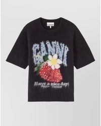 Ganni - Alpaca Wool-Blend Ribbed Short-Sleeve Strawberry Intarsia Sweater - Lyst
