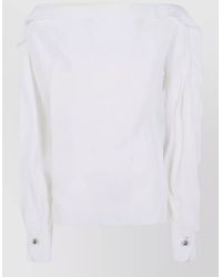 Lanvin - Silk-Blend Off-Shoulder Ruffled Long-Sleeve Knitted Top - Lyst