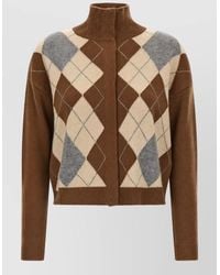 Max Mara - Cashmere Wool Argyle Jacquard Ribbed High Neck Long Sleeve Cardigan - Lyst
