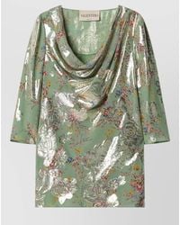 Valentino - Dress Metallic Finish Draped Neckline Flowers - Lyst