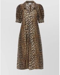 Ganni - Leopard Print V-Neck Short-Sleeve Cotton Midi Dress - Lyst