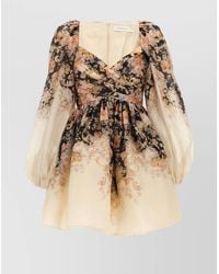 Zimmermann - Silk Linen Floral-Print Draped Sweetheart-Neck Long-Sleeve Mini Dress - Lyst