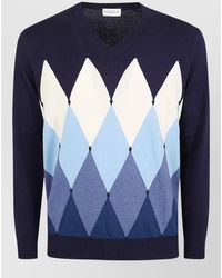 Ballantyne - V Neck Argyle Knit Long Sleeve Sweater - Lyst