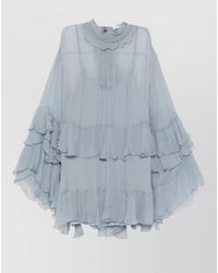 Chloé - Silk Ruffled Sheer Long-Sleeve High-Neck Mini Dress - Lyst