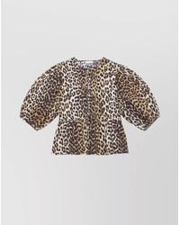 Ganni - Leopard Print Organic Cotton Peplum Blouse - Lyst