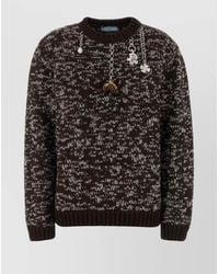 Prada - Wool Speckled Oversized Crew Neck Long-Sleeve Ribbed Trim Charm-Embellished Jumper - Lyst