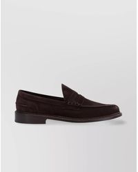 Tricker's - Round Toe Stacked Heel Suede Penny Loafers - Lyst