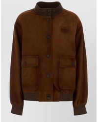 Miu Miu - Suede Bomber Jacket Front Pockets Ribbed Cuffs Hem - Lyst