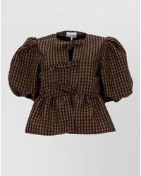 Ganni - Top Bow Detail Peplum Hem Puff Sleeves - Lyst
