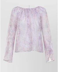 Alberta Ferretti - Silk Floral-Print Gathered Boat Neck Long-Sleeve Blouse - Lyst