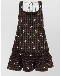 Ganni - Checked Floral-Embroidered Sleeveless Mini Dress - Lyst
