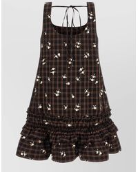 Ganni - Checked Floral-Embroidered Sleeveless Mini Dress - Lyst