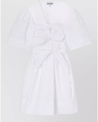 Ganni - Organic Cotton Knot-Detail V-Neck Short-Sleeve Mini Dress - Lyst
