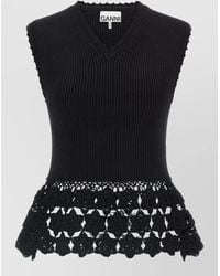 Ganni - Cotton Ribbed Crochet V-Neck Sleeveless Top - Lyst